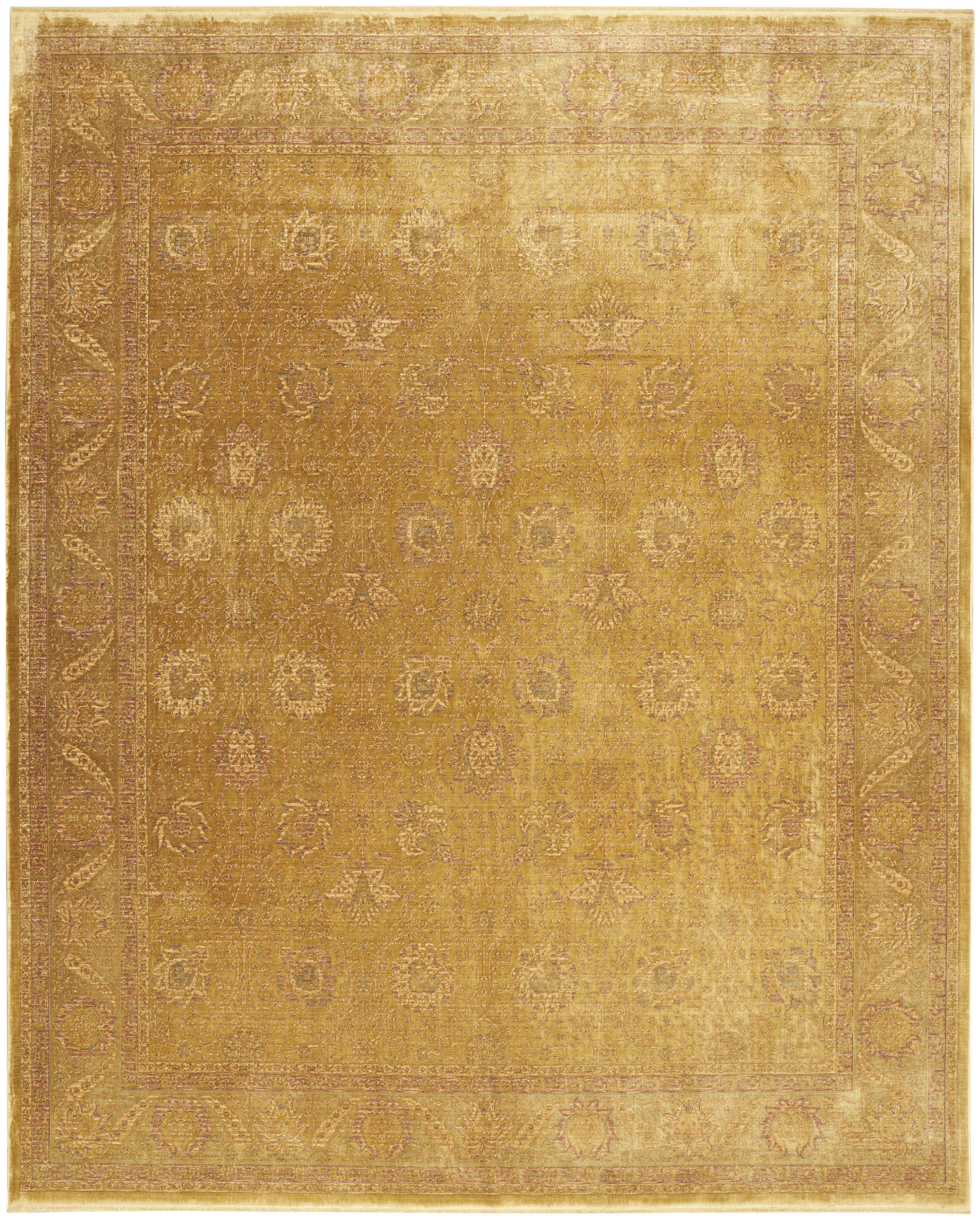 Nourison Luxurious LRS-02 Gold rug showcasing a rich gold color in a living room setting, highlighting its elegant pattern and texture.