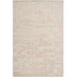 Frank Lloyd Wright Foundation x Surya Transcendence FLWL-2302 rug, light brown with geometric patterns, hand-knotted, on hardwood floor.