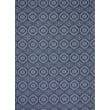 Chilewich Woven Overshot Denim rug in a stylish blue and white pattern on a wooden floor, showcasing its sleek, contemporary design.
