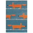 Hand-tufted Scion for Brink and Campman Mr Fox Denim rug in shades of blue and gray featuring a playful fox pattern on a neutral background.