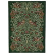 Morris & Co for Brink and Campman Bird rug in green and red, featuring a hand-tufted design with intricate nature-inspired patterns.