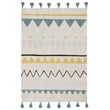 Hand-tufted Lorena Canals Azteca rug in natural, yellow, and vintage blue colors, featuring an Aztec pattern.