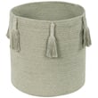 Lorena Canals Cotton Woods Woody Basket in Dark and Light Olive tones, hand-made and displayed in a minimalistic setting.