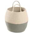 Lorena Canals Morocco Zoco Basket in natural and vintage blue colors, hand-made; displayed in a cozy, modern home setting.