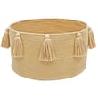 Lorena Canals New Tassels Basket Honey, hand-made, features earthy tones in a cozy, home setting, ideal for stylish storage.