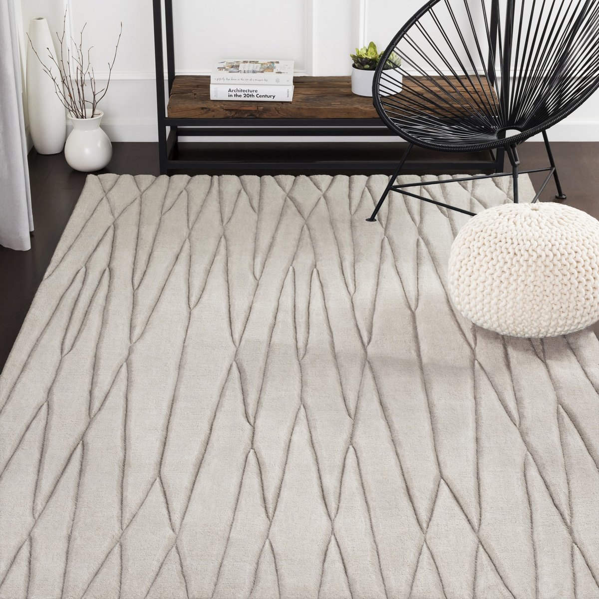 Wool Look Modern Geometric Abstract Cream Grey High and low Loop Pile Area Rugs 
