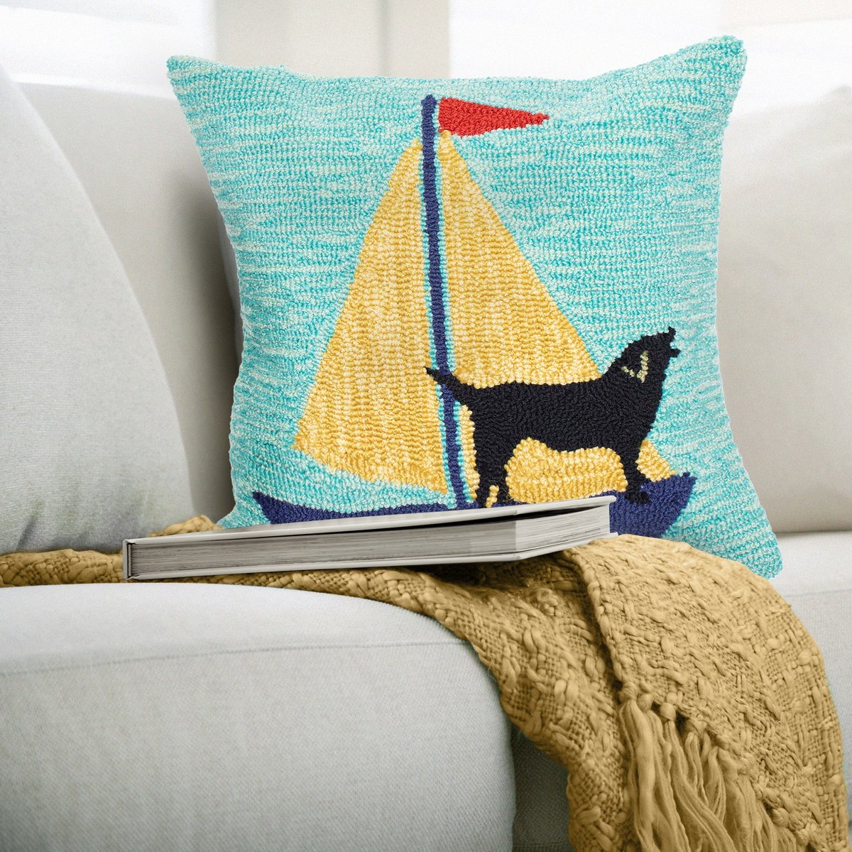 Liora Manne Front Porch Pillow Sailing DogBlue Black Yellow 1402 09 Pillow