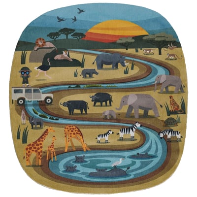 Playground PLY-5 Tan/Blue/Grey Machine-Washable Printed Area Rug