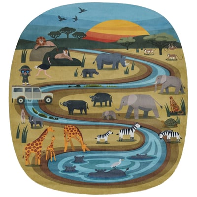 Playground PLY-5 Tan/Blue/Grey Machine-Washable Printed Area Rug