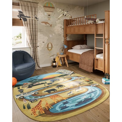 Playground PLY-5 Tan/Blue/Grey Machine-Washable Printed Area Rug