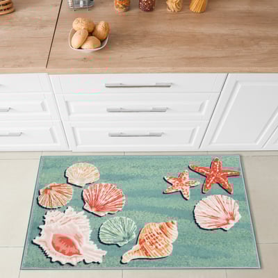 Siena Shellebration Aqua Machine-Washable Non-Slip Backing Area Rug
