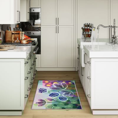 Siena Watercolor Wildflower Blue/Green Machine-Washable Non-Slip Backing Area Rug