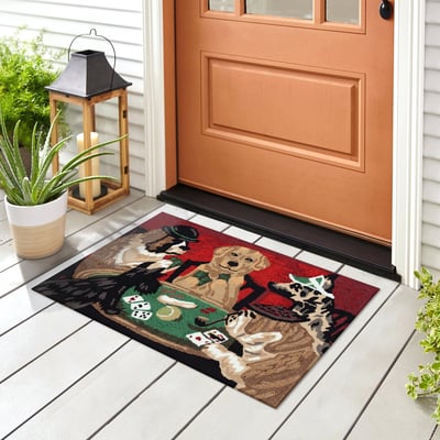 Front Porch Poker Pups Red Hand-Tufted Outdoor Area Rug
