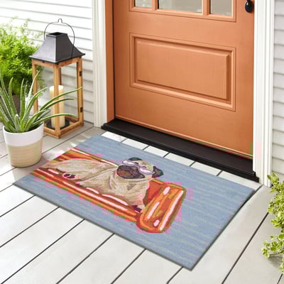 Front Porch Pool Party Pug Blue Hand-Tufted Outdoor Area Rug