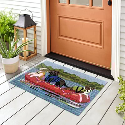 Front Porch Rafting Dogs Blue Hand-Tufted Outdoor Area Rug
