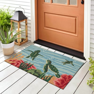 Front Porch Swimming Baby Turtles Navy Hand-Tufted Outdoor Area Rug