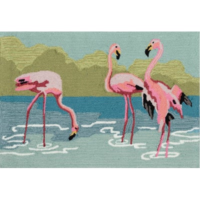 Front Porch Flamingos Aqua Hand-Tufted Outdoor Area Rug