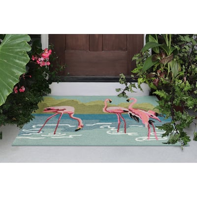 Front Porch Flamingos Aqua Hand-Tufted Outdoor Area Rug
