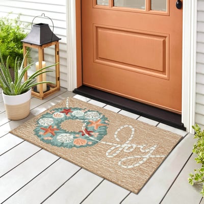 Front Porch Joyous Wreath Natural Hand-Tufted Outdoor Area Rug