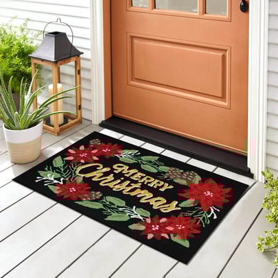 Front Porch Merry Christmas Black Hand-Tufted Outdoor Area Rug
