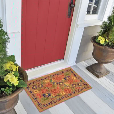 Natura Block Print Flowers Blue/Red Coir Non-Slip Backing Outdoor Area Rug