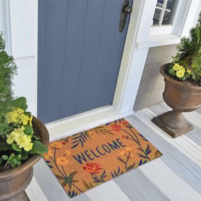 Natura Floral Welcome Natural Coir Non-Slip Backing Outdoor Area Rug