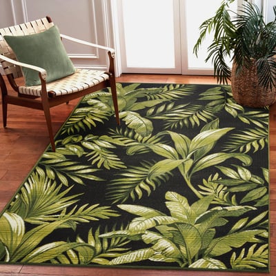Marina Jungle Leaves Black Outdoor Area Rug