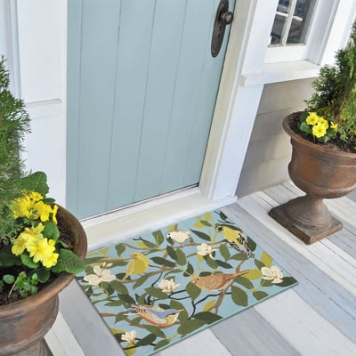 Esencia Floral Finches Blue Machine-Washable Non-Slip Backing Outdoor Area Rug