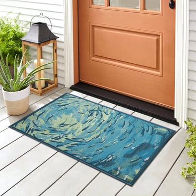 Esencia Fish To Go Blue Blue Machine-Washable Non-Slip Backing Outdoor Area Rug