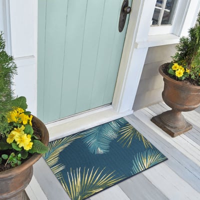 Esencia Palm Border Navy Machine-Washable Non-Slip Backing Outdoor Area Rug