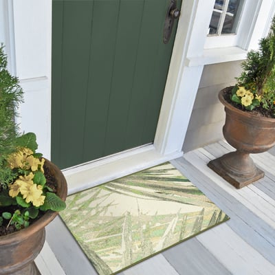 Esencia Palm Fan Green Machine-Washable Non-Slip Backing Outdoor Area Rug