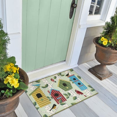 Esencia Bird Condos Blue Machine-Washable Non-Slip Backing Outdoor Area Rug
