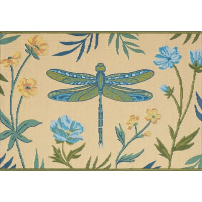 Esencia Floral Dragonfly Blue Machine-Washable Non-Slip Backing Outdoor Area Rug