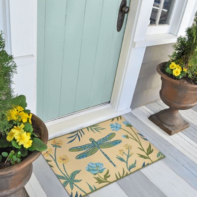 Esencia Floral Dragonfly Blue Machine-Washable Non-Slip Backing Outdoor Area Rug