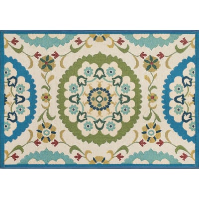 Esencia Suzanie Blue/Gold Machine-Washable Non-Slip Backing Outdoor Area Rug
