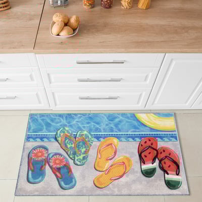 Impressions Poolside Flip Flops Blue Machine-Washable Non-Slip Backing Outdoor Printed Area Rug