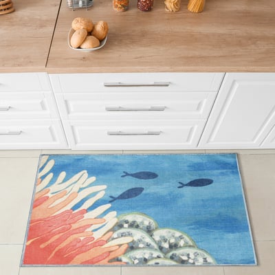 Impressions Reef Border Ocean Machine-Washable Non-Slip Backing Outdoor Printed Area Rug
