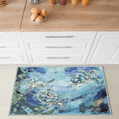 Impressions Seaturtles Ocean Machine-Washable Non-Slip Backing Outdoor Printed Area Rug