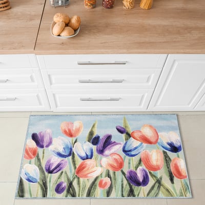 Impressions Tulips Blue/Purple Machine-Washable Non-Slip Backing Outdoor Printed Area Rug