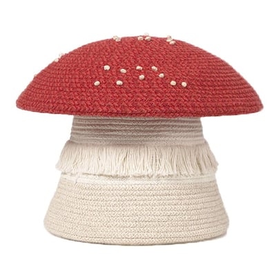 Back to School Big Mushroom Basket Vintage Red/Natural Cotton Handmade