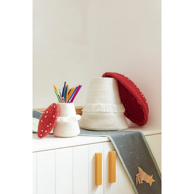 Back to School Big Mushroom Basket Vintage Red/Natural Cotton Handmade