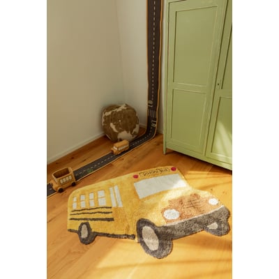 Back To School Washable School Bus Honey/Dark Grey/Natural Cotton Handmade Area Rug