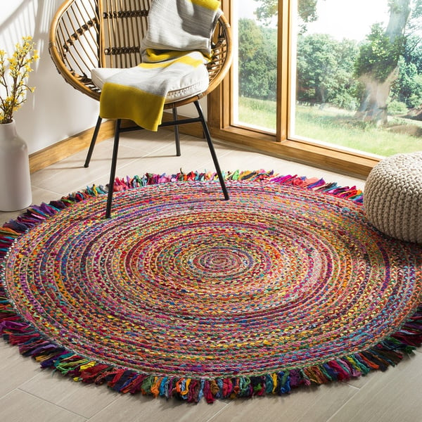 Oval area rug hand crocheted done in yellow red retail and brown with black trim