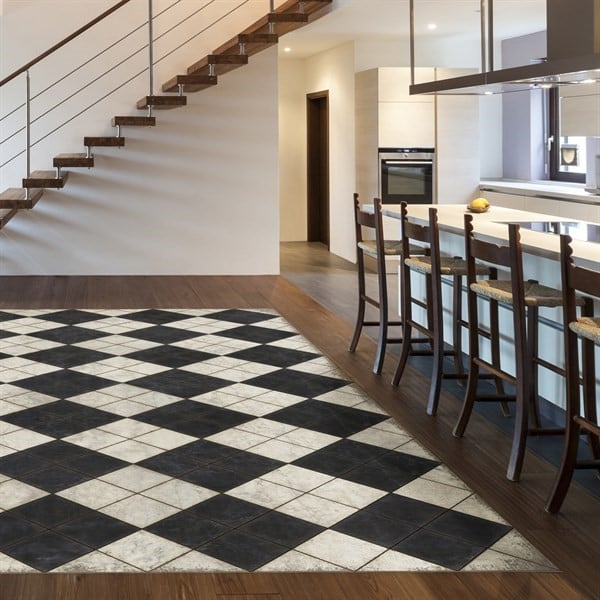 Chequered Kitchen Floor Mat in Black and White Marble Tile Design,  Decorative Vinyl Runner Rug, Retro Linoleum Mat 
